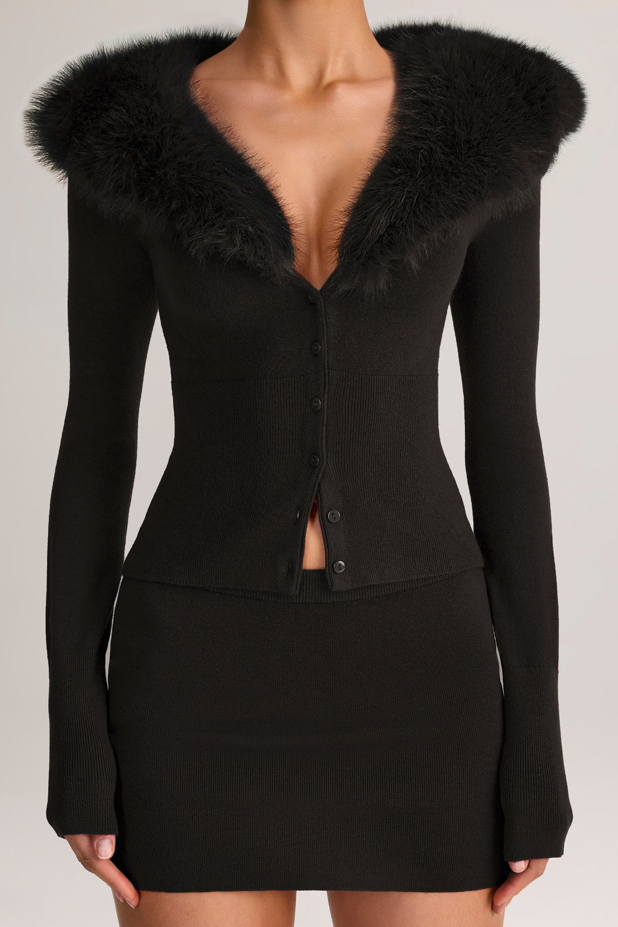 Knit Faux-Fur-Trim Cardigan in Black