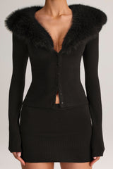 Knit Faux-Fur-Trim Cardigan in Black