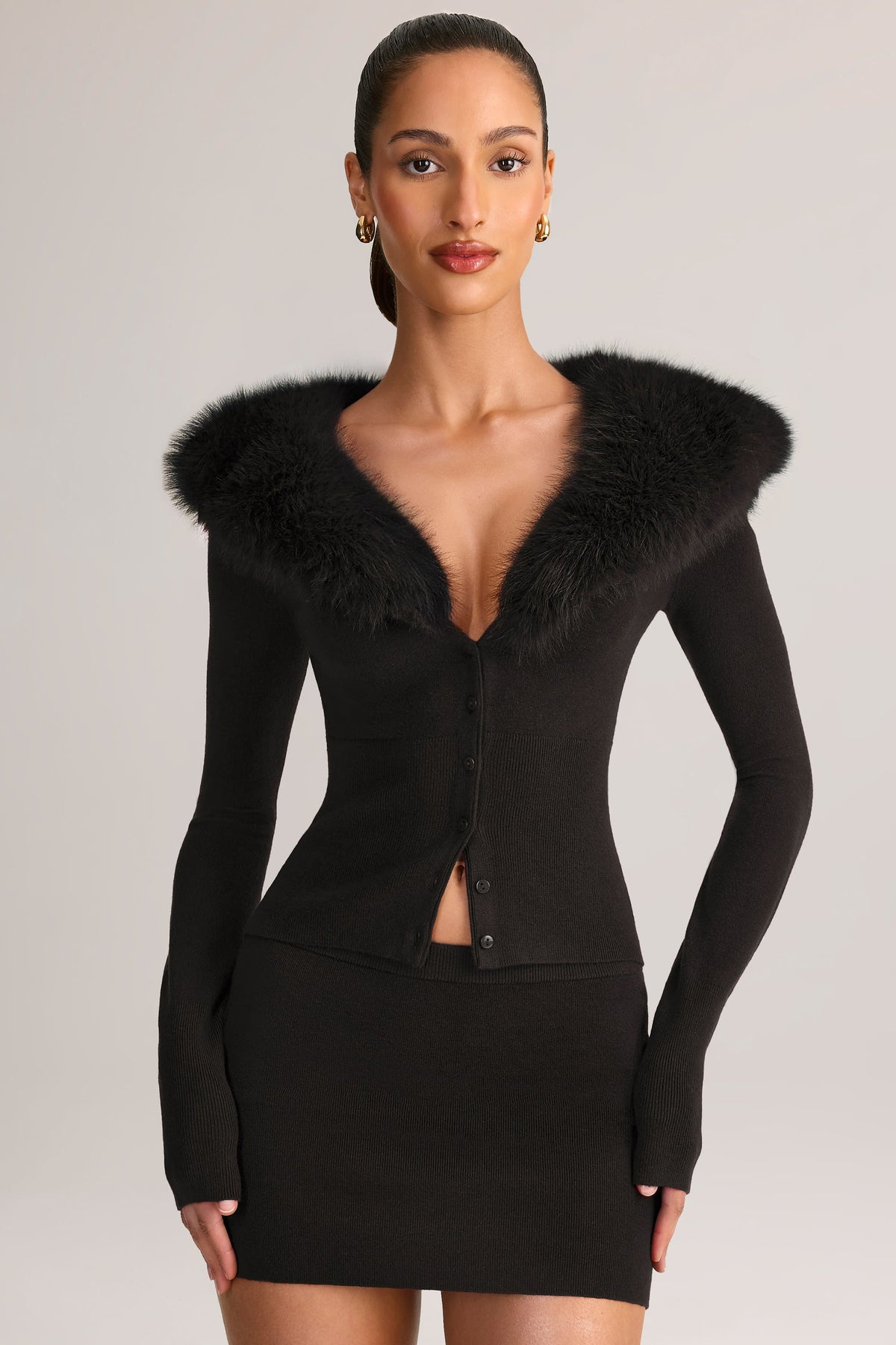 Knit Faux-Fur-Trim Cardigan in Black