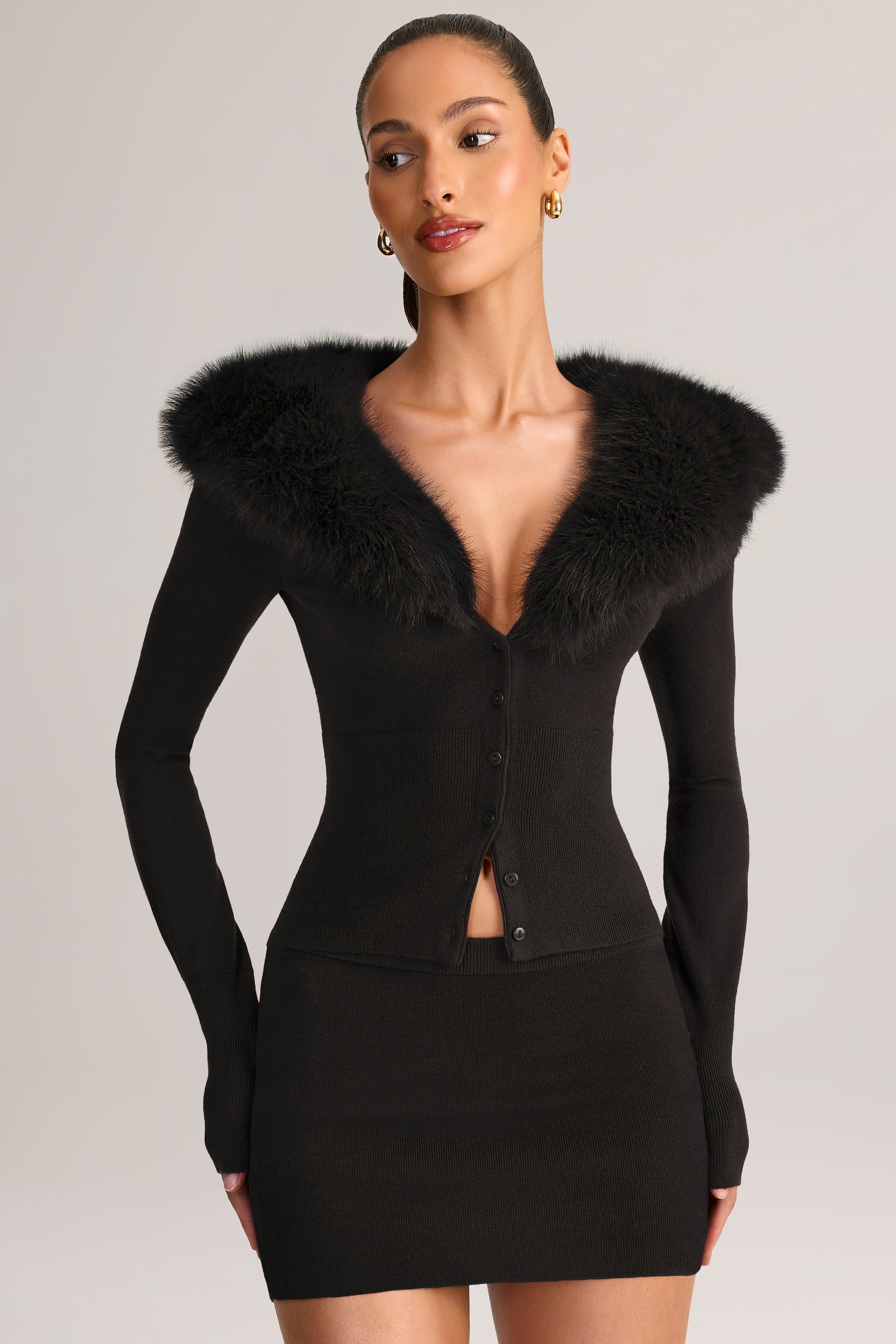 Knit Faux-Fur-Trim Cardigan in Black