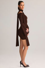 Knit Scarf-Detail Off-Shoulder Mini Dress in Chocolate Brown