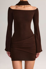 Knit Scarf-Detail Off-Shoulder Mini Dress in Chocolate Brown