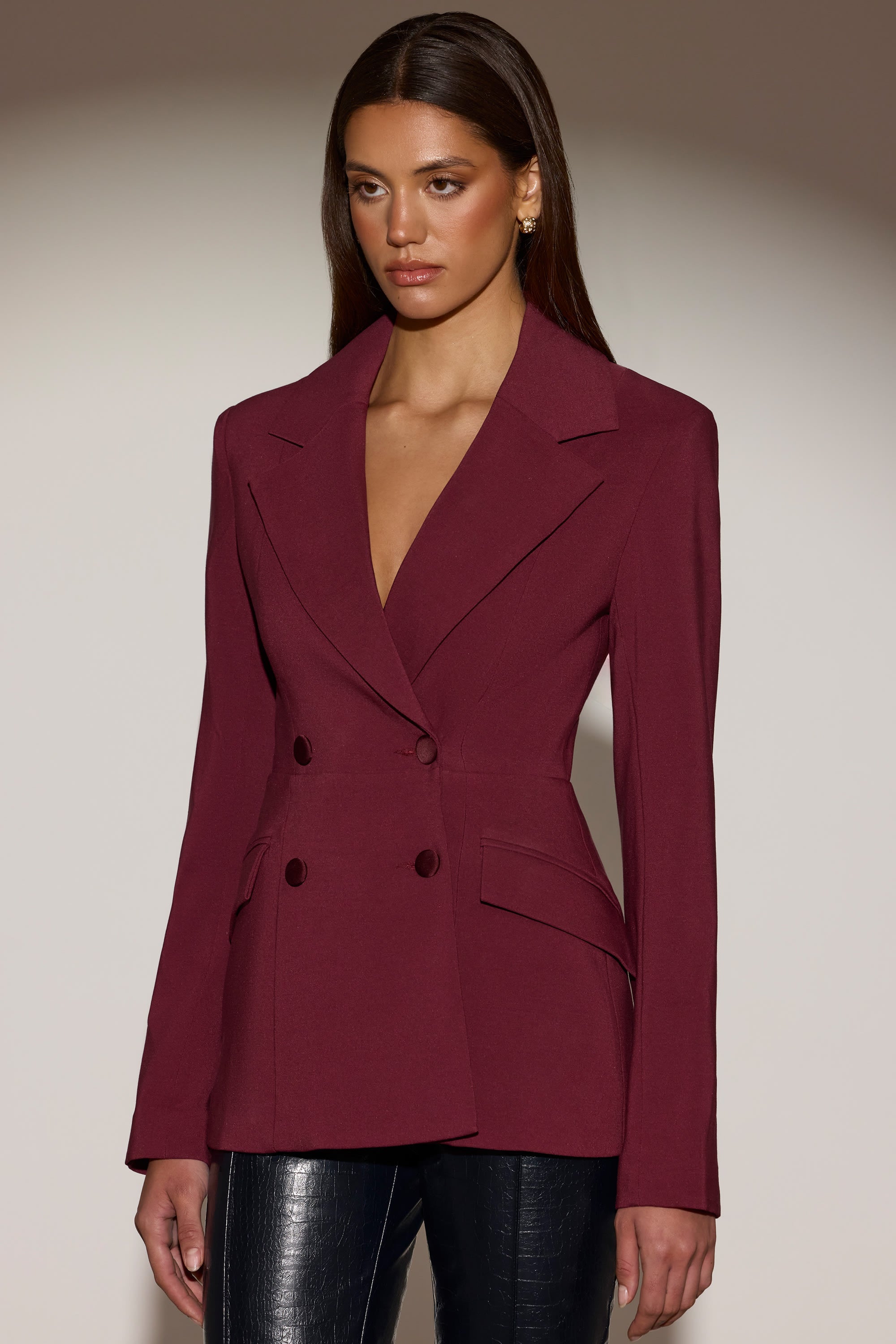 Structured Double-Breasted Blazer in Burgundy
