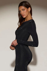 Embellished Crew-Neck Long-Sleeve Top in Black