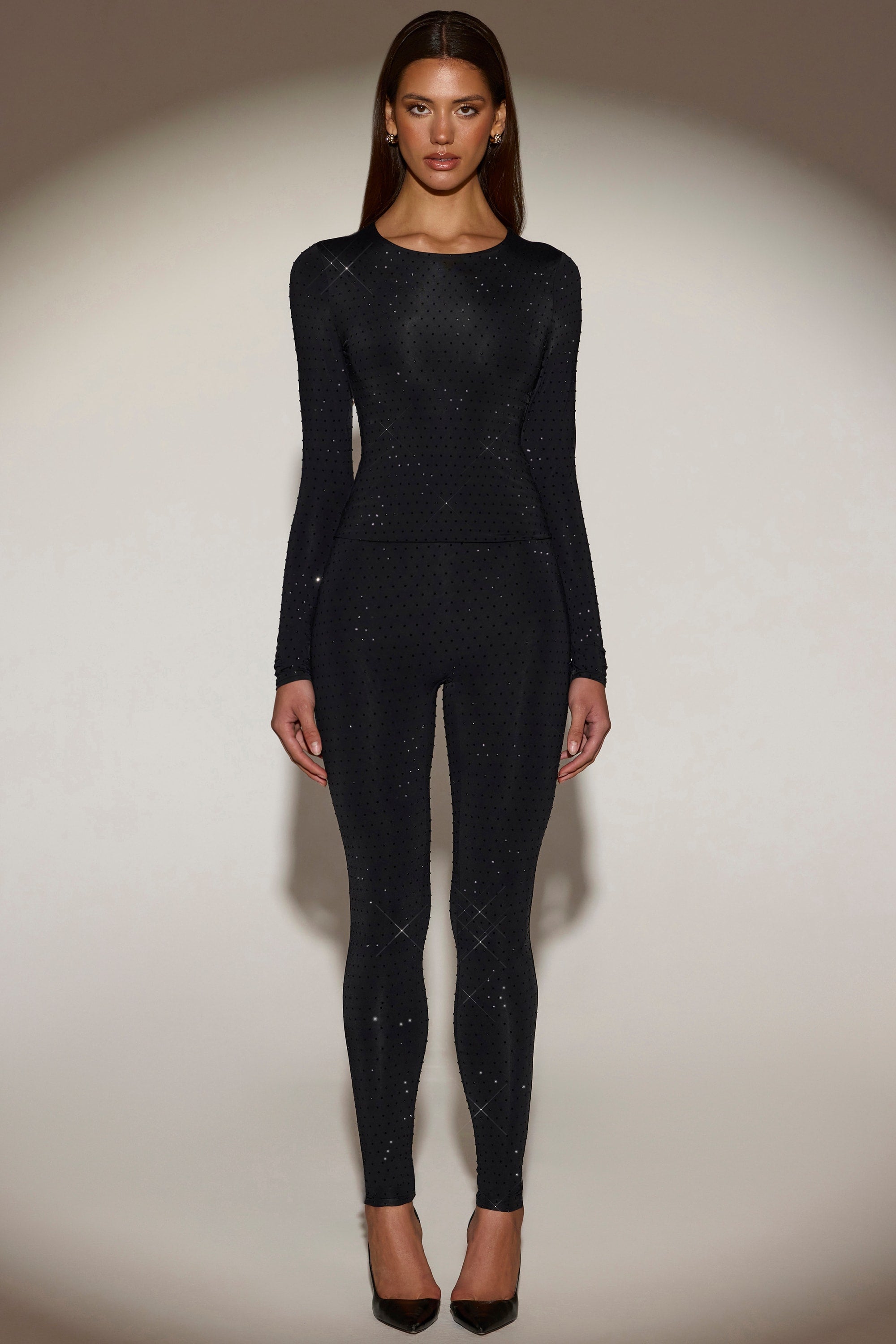 Embellished Crew-Neck Long-Sleeve Top in Black