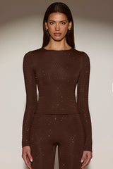 Embellished Crew-Neck Long-Sleeve Top in Chocolate Brown