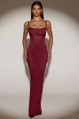 Sheer Embellished Backless Maxi Dress in Burgundy
