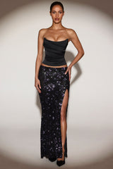 Embellished Mid-Rise Thigh-Split Maxi Skirt in Black Purple