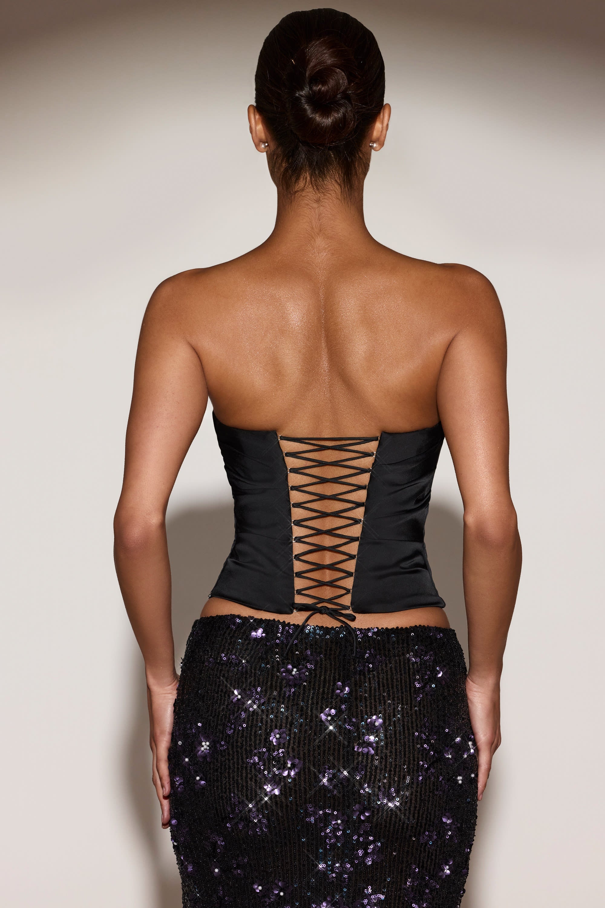Satin Draped Lace-Up Corset Top in Black Purple