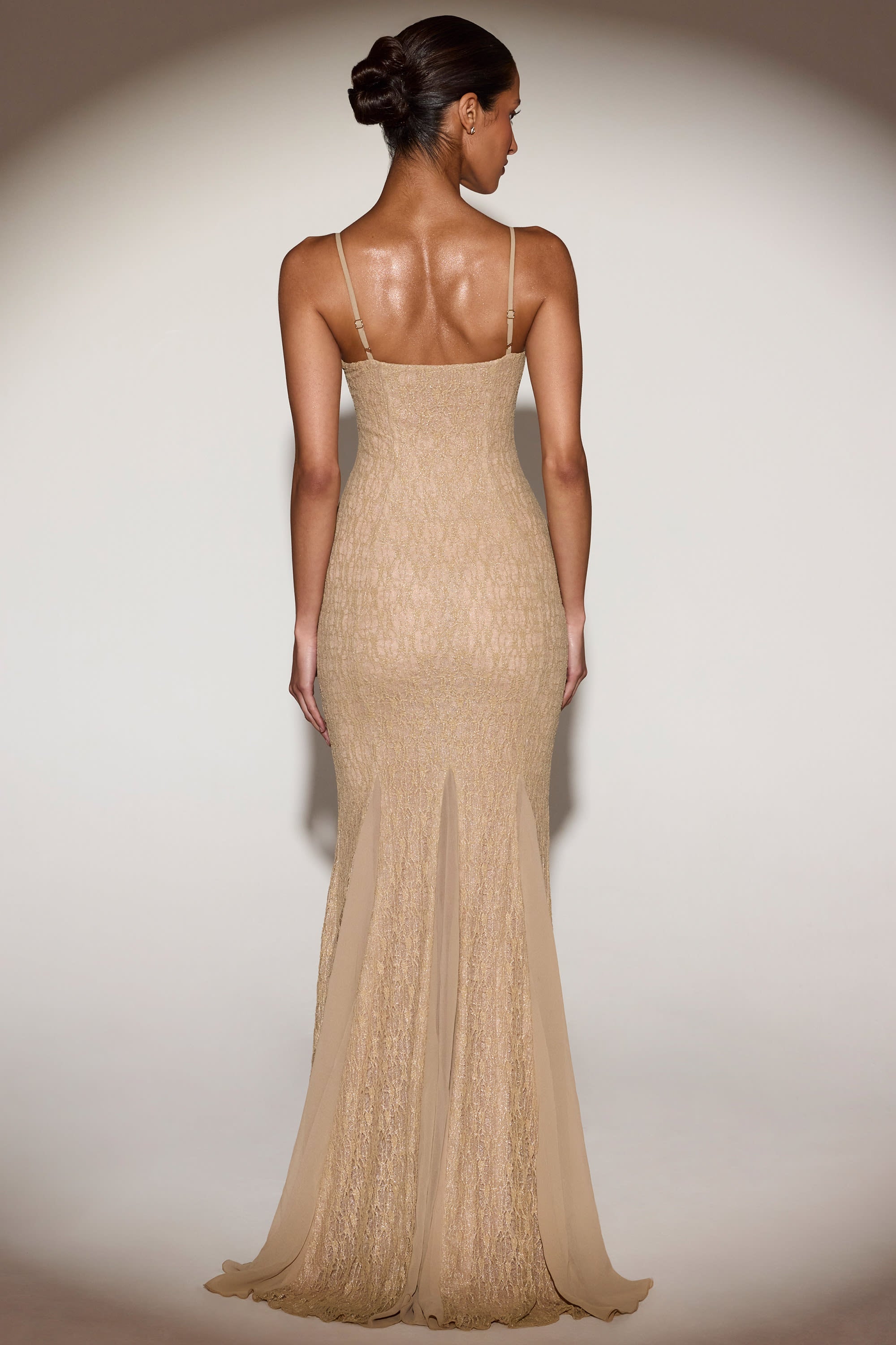 Metallic Lace Godet Fishtail Gown in Gold