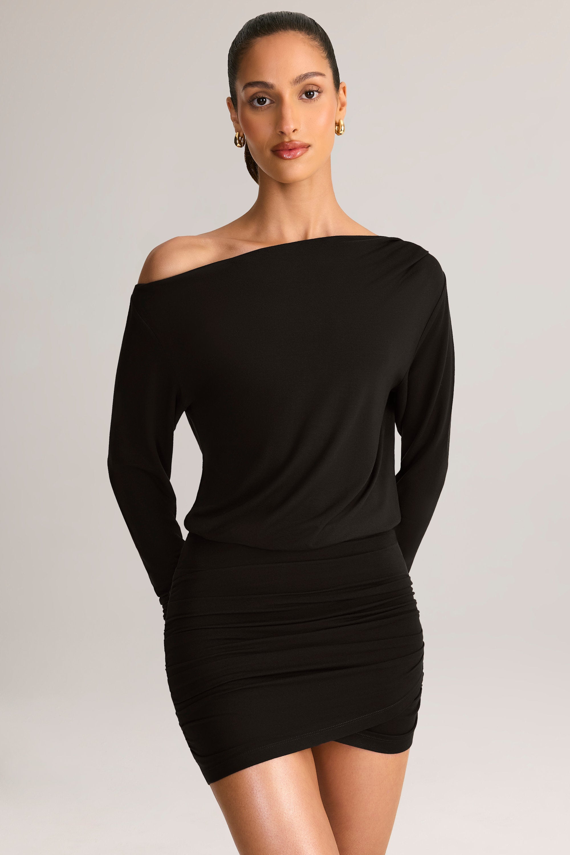 Modal Off-Shoulder Wrap Mini Dress in Black