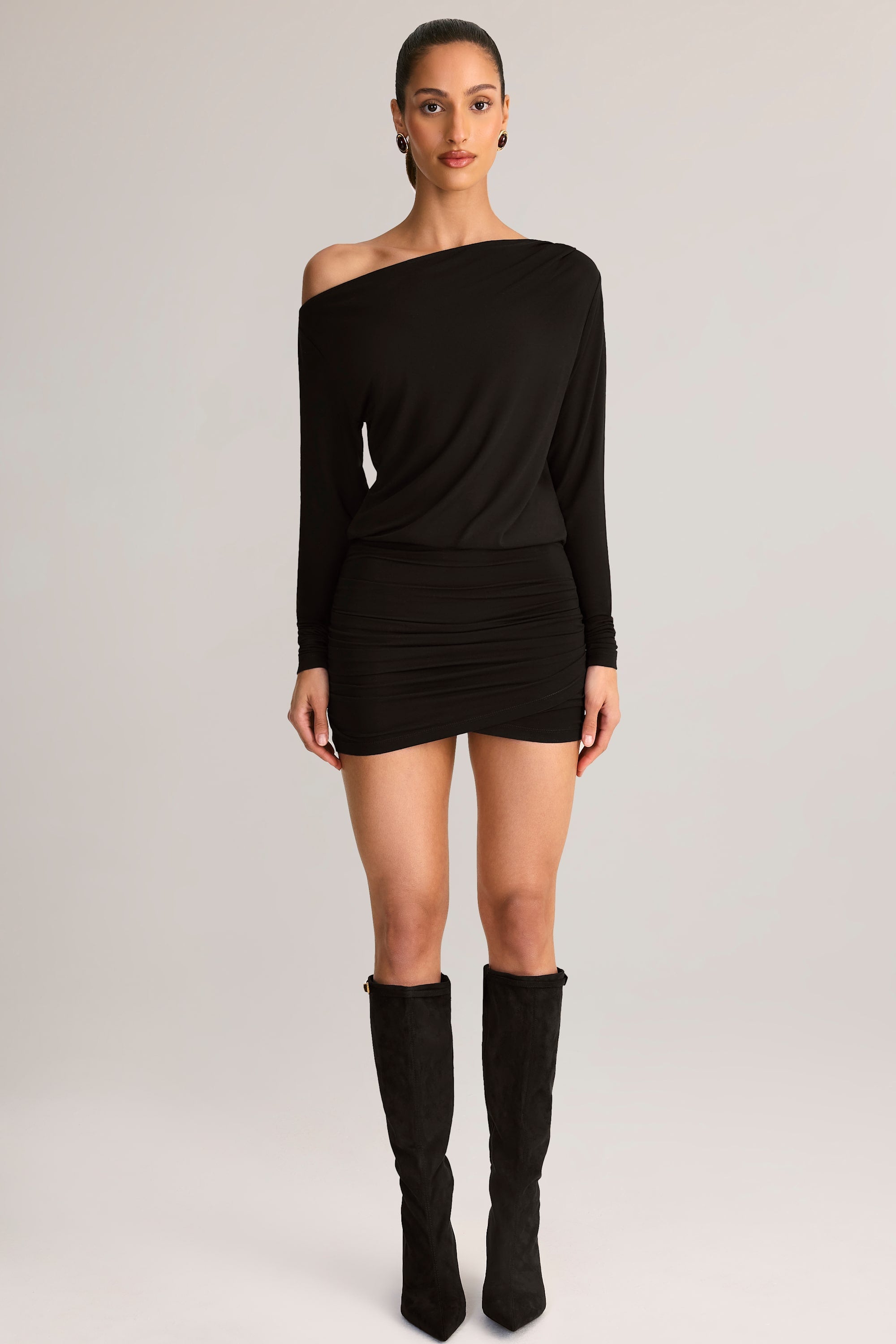 Modal Off-Shoulder Wrap Mini Dress in Black