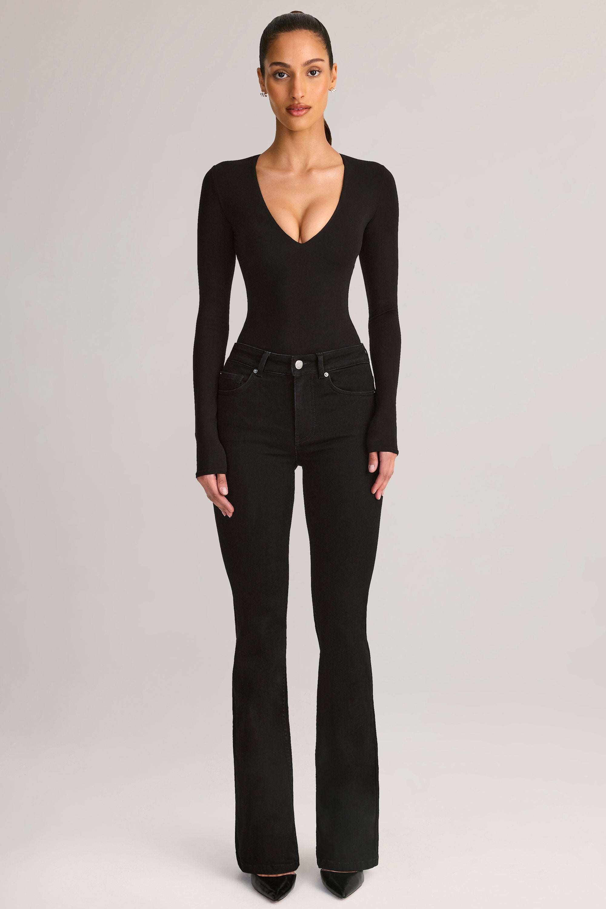 Denim Mid-Rise Flared Jeans in Black