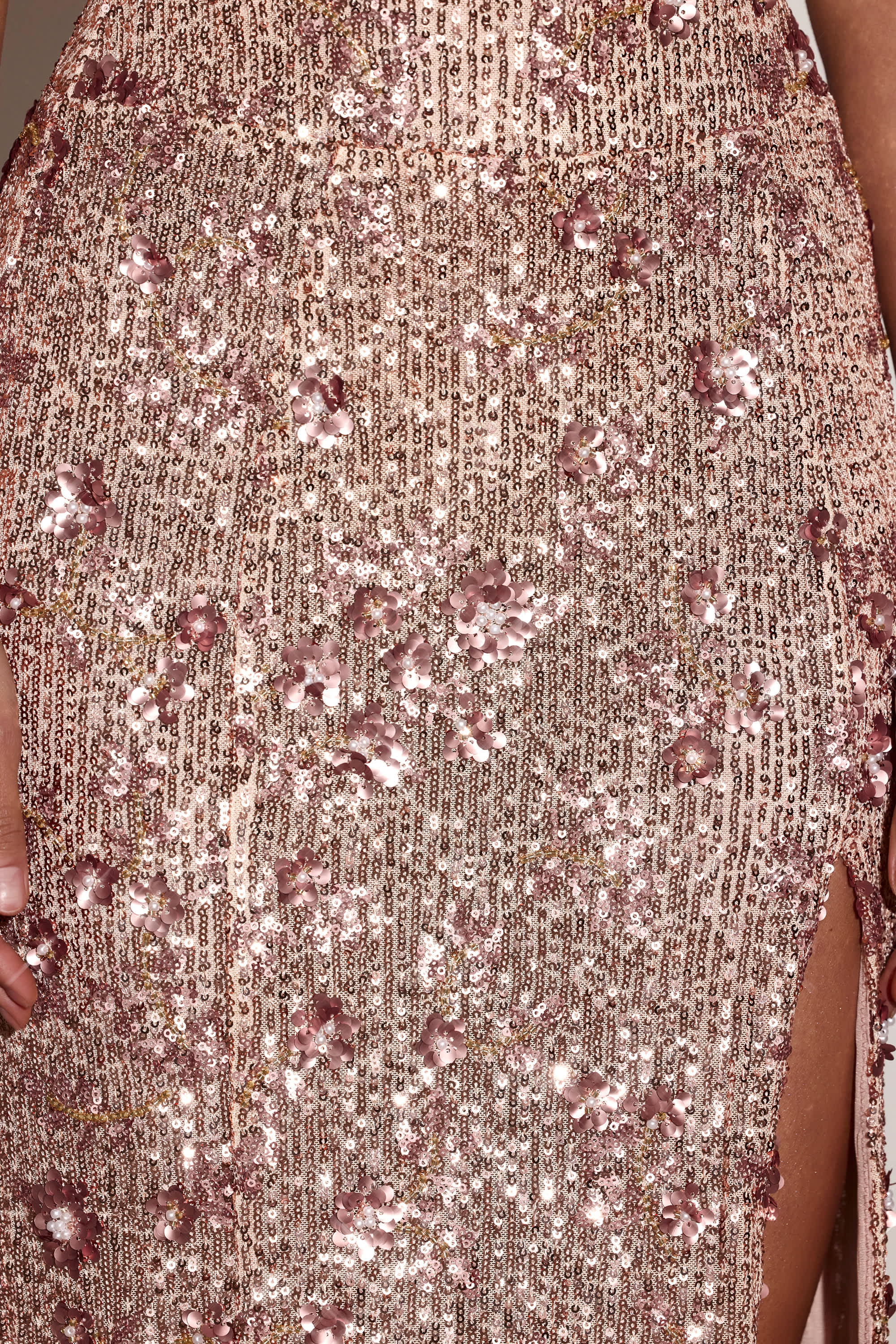 Embellished Bandeau-Neck Strapless Gown in Rose Gold