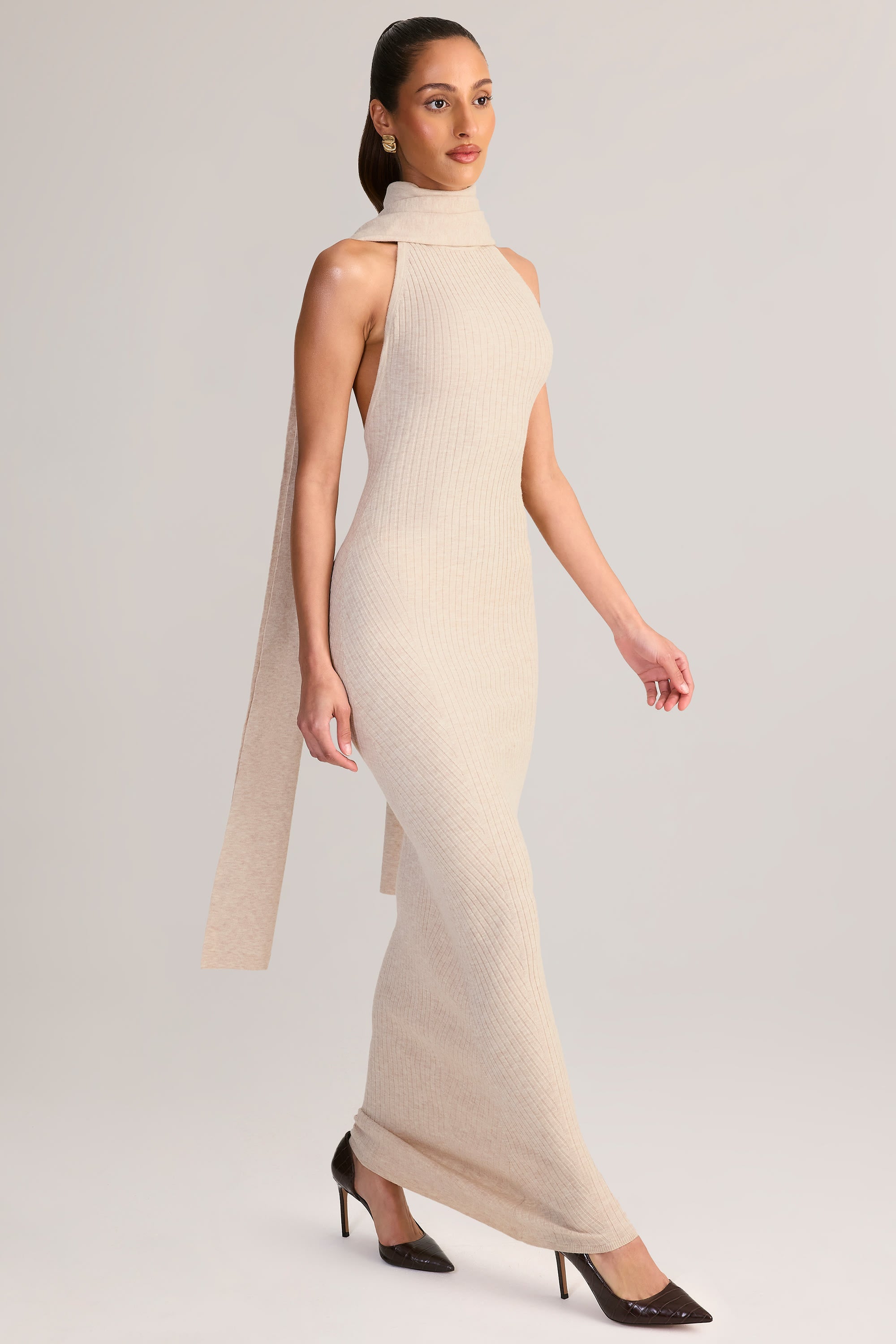 Rib-Knit Scarf-Detail Halterneck Maxi Dress in Cream