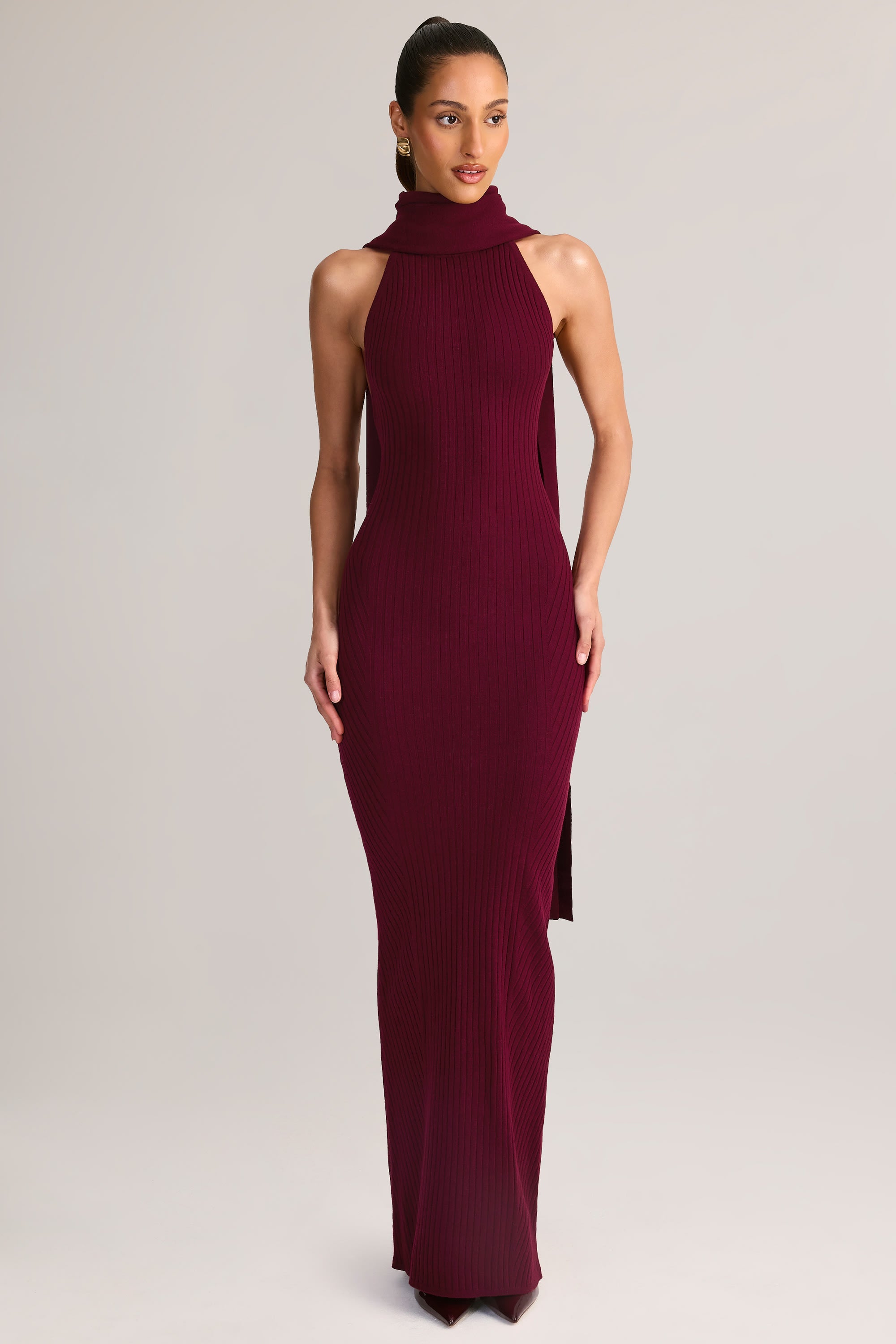 Rib-Knit Scarf-Detail Halterneck Maxi Dress in Wine