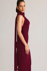 Rib-Knit Scarf-Detail Halterneck Maxi Dress in Wine