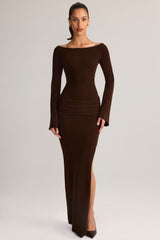 Rib-Knit Boat-Neck Long-Sleeve Maxi Dress in Chocolate Brown