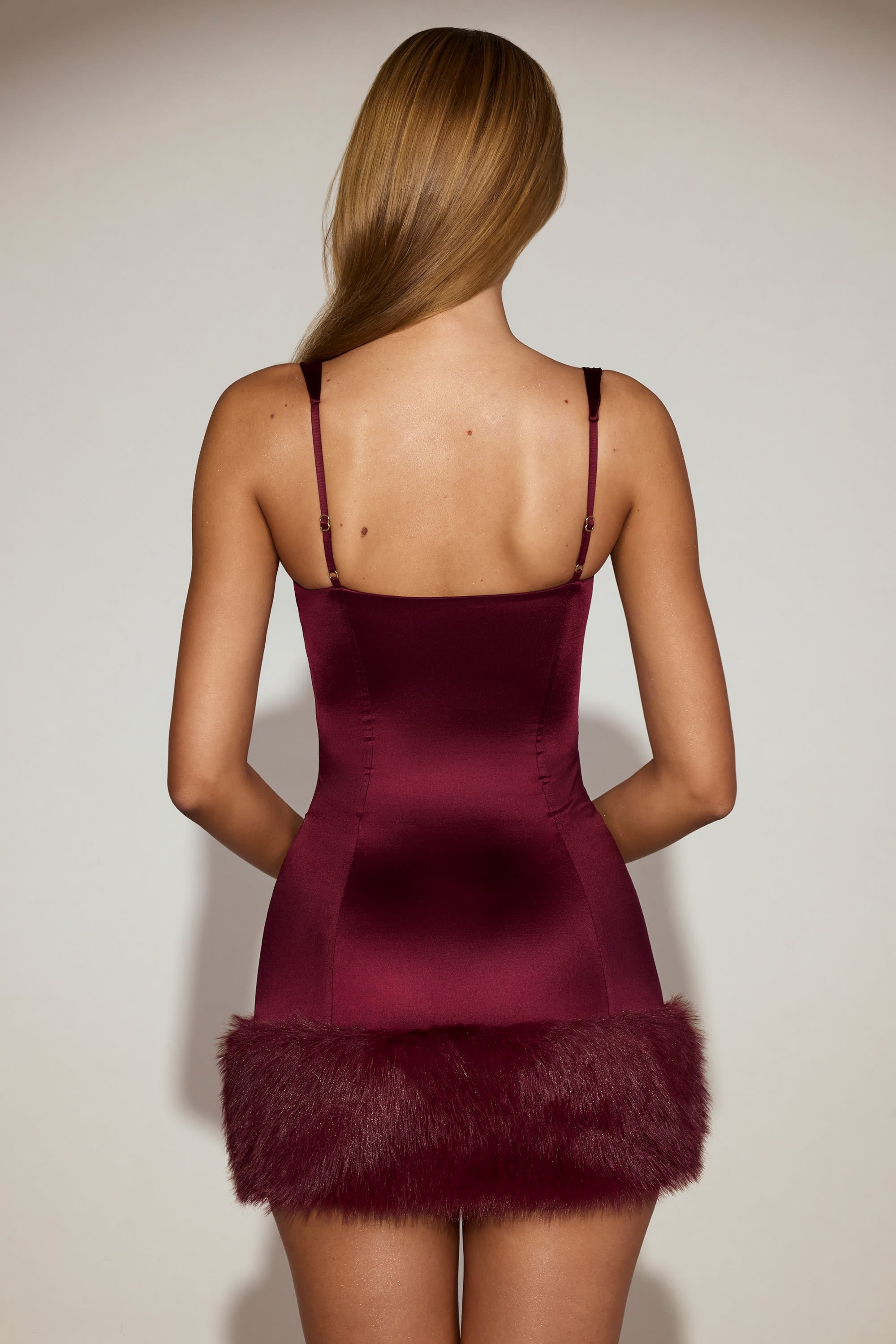 Satin Square-Neck Corset Faux-Fur Mini Dress in Wine Red