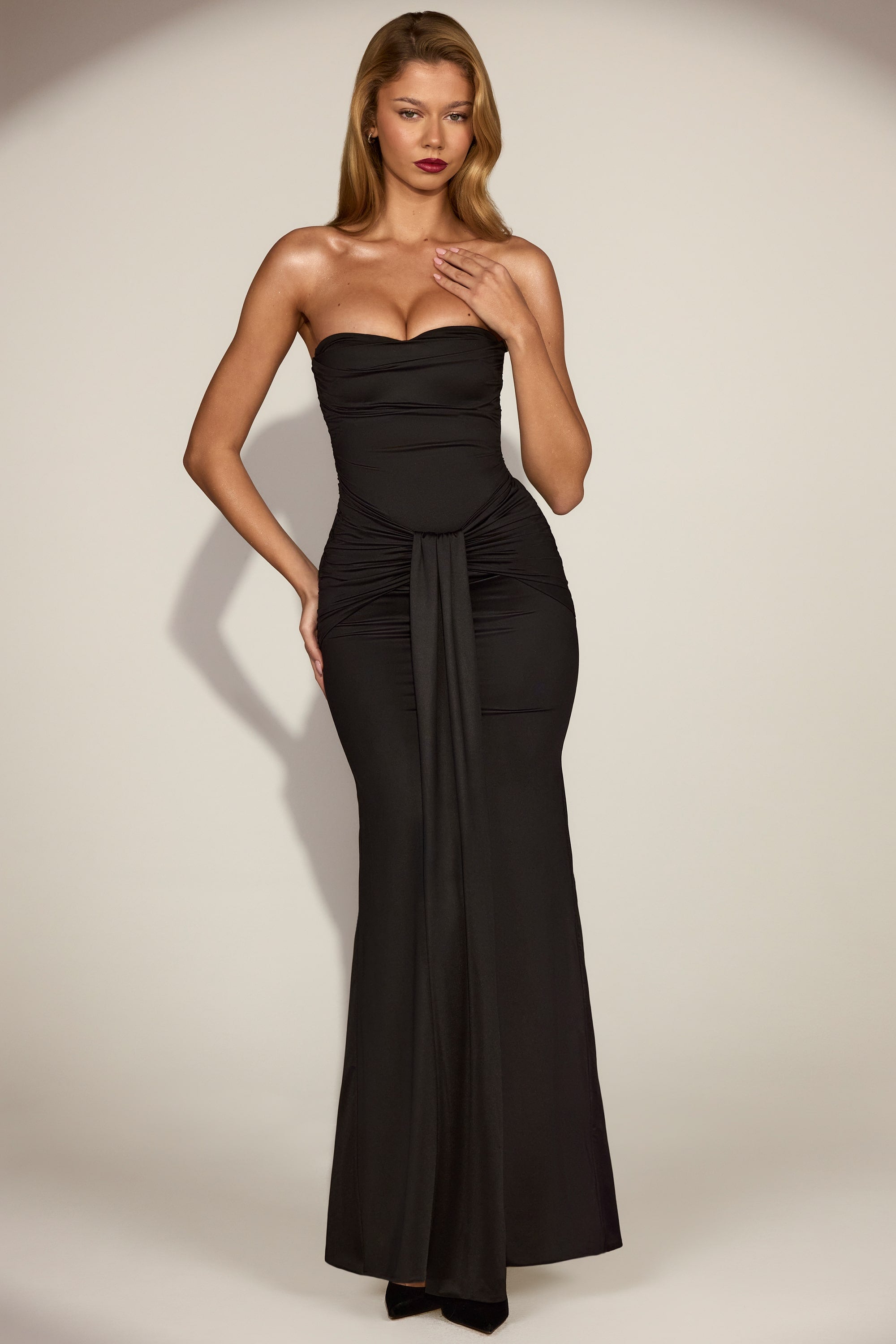 Satin Peekaboo Bandeau Draped Gown in Black