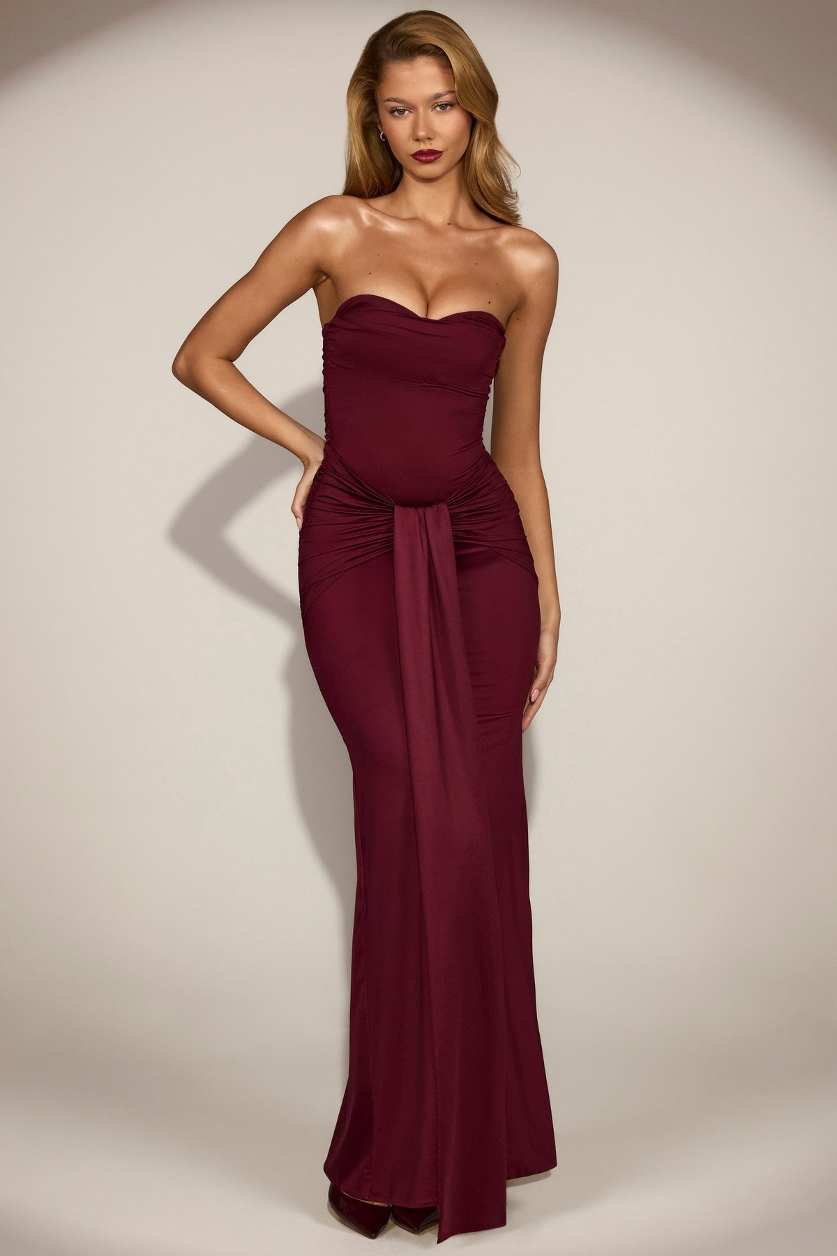 Satin Peekaboo Bandeau Draped Gown in Wine Red
