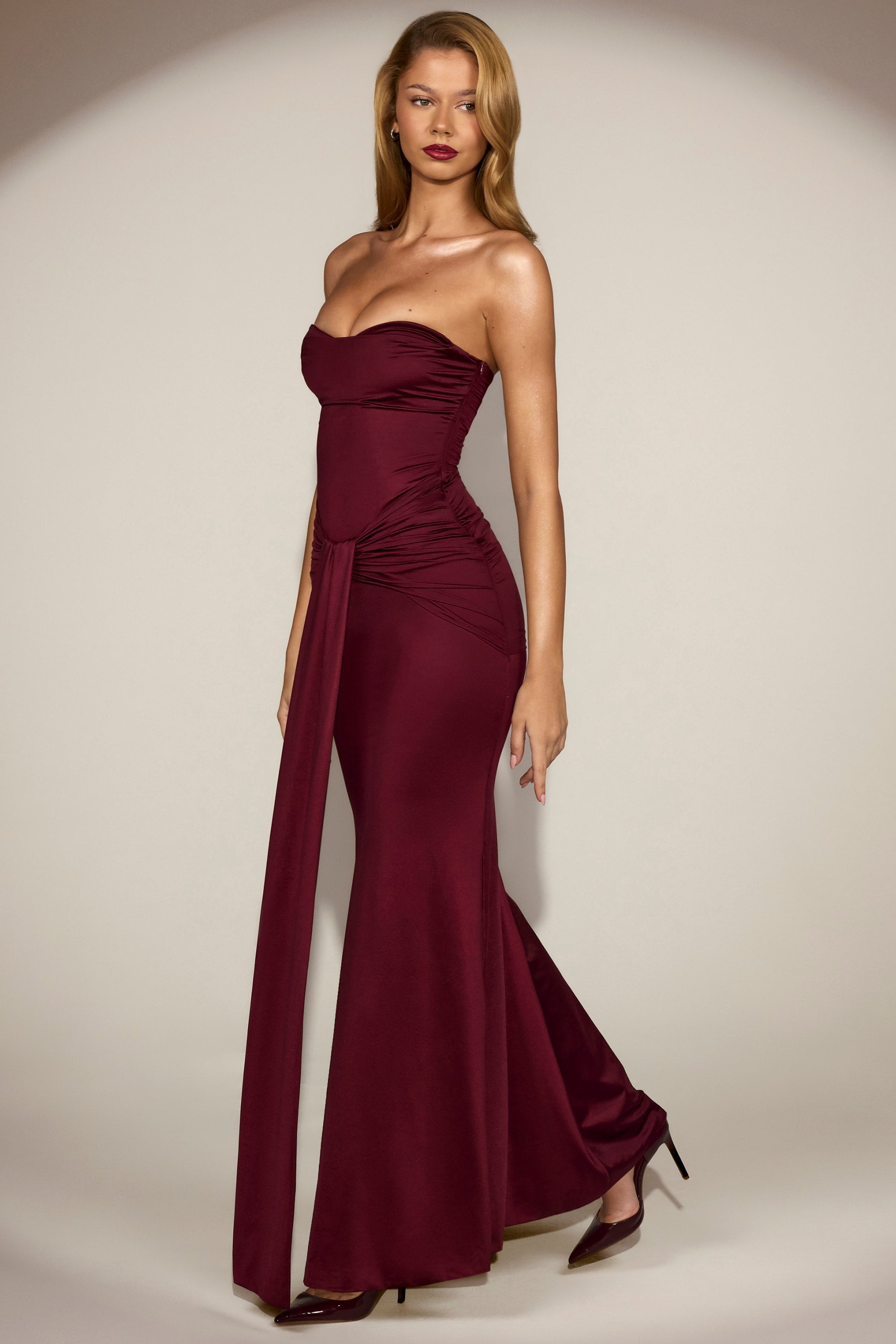 Satin Peekaboo Bandeau Draped Gown in Wine Red