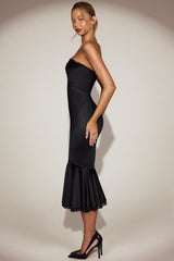 Satin Lace-Trim Bandeau Fluted Midaxi Dress in Black