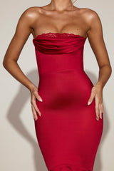 Satin Lace-Trim Bandeau Fluted Midaxi Dress in True Red