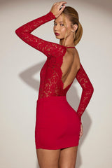 Sheer Lace Boat-Neck Mini Dress in True Red