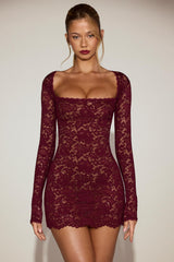 Sheer Scalloped-Lace Long-Sleeve Mini Dress in Wine Red