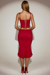 Lace Mid-Rise Fluted Midi Skirt in True Red
