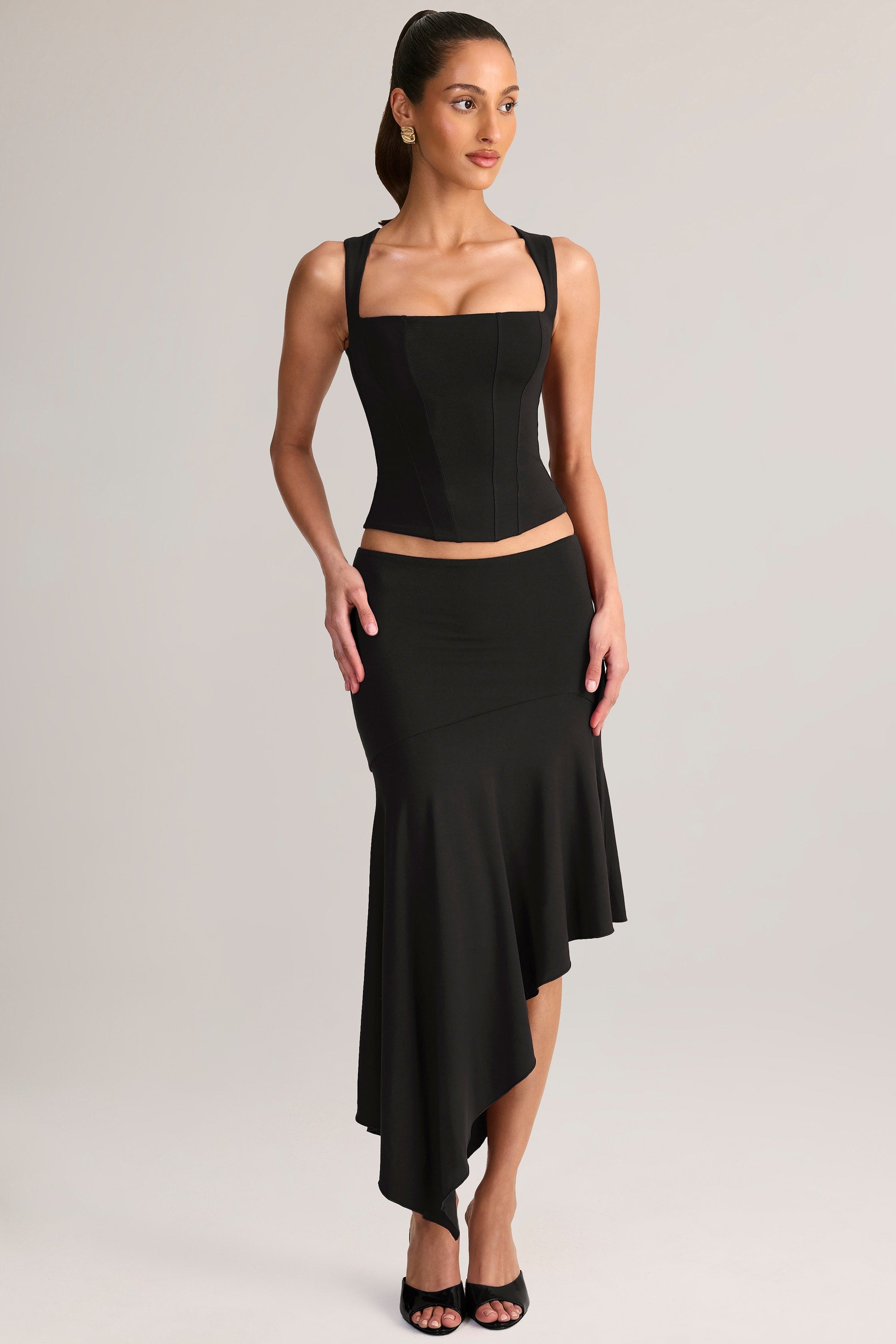 Modal Low-Rise Asymmetric Midaxi Skirt in Black