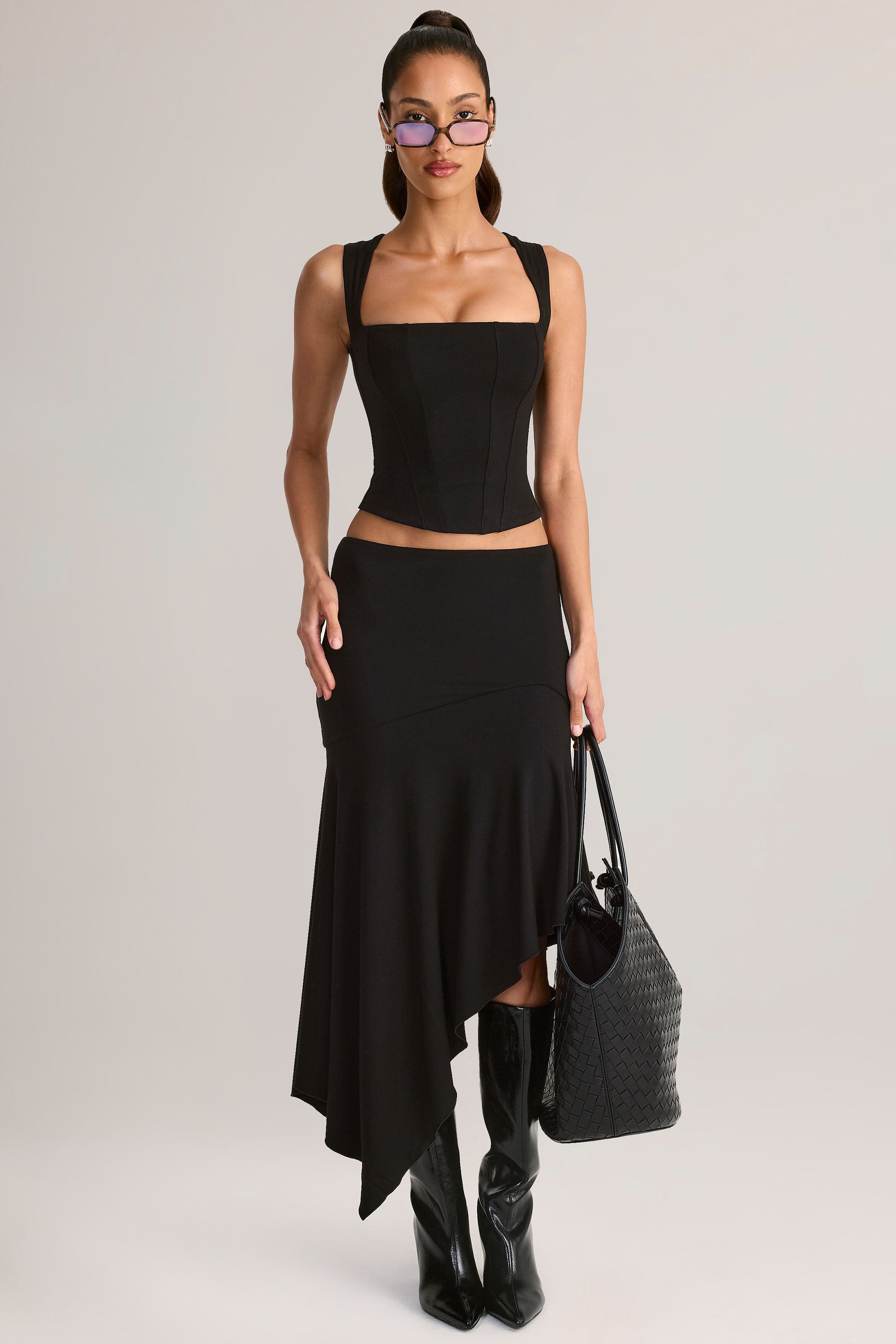 Modal Low-Rise Asymmetric Midaxi Skirt in Black