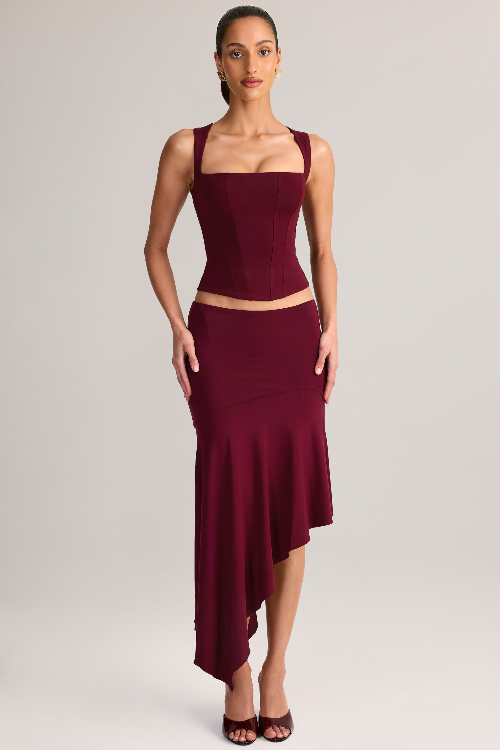 Modal Low-Rise Asymmetric Midaxi Skirt in Wine