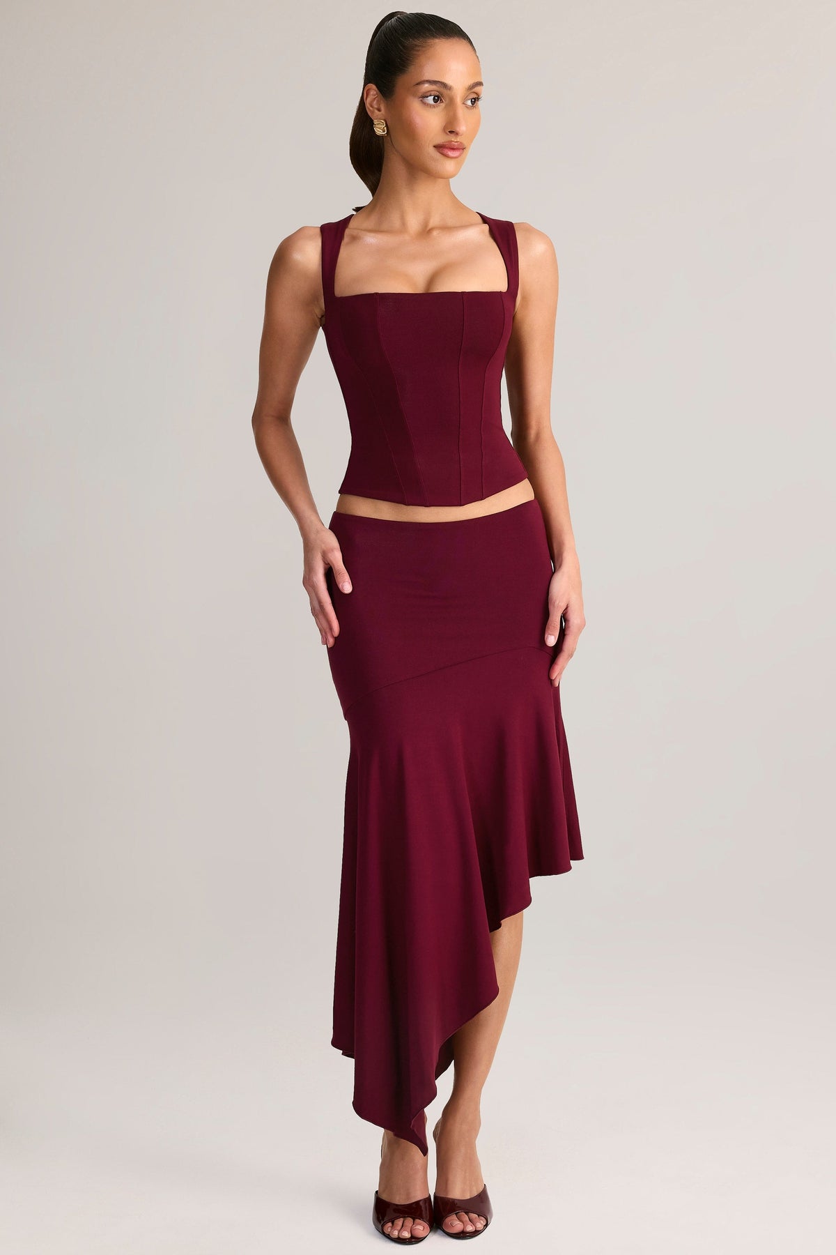 Modal Low-Rise Asymmetric Midaxi Skirt in Wine