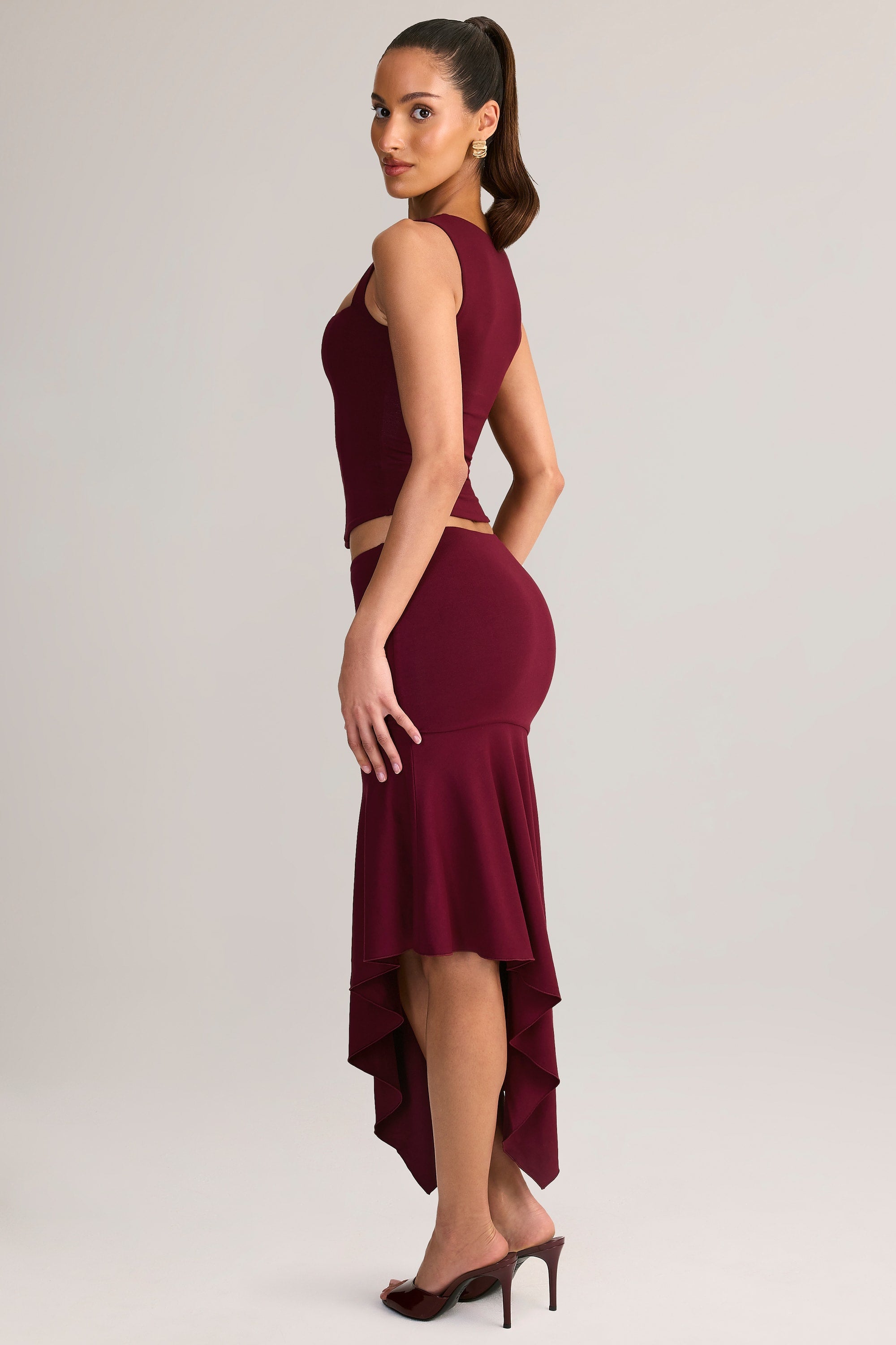 Modal Low-Rise Asymmetric Midaxi Skirt in Wine