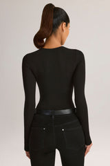 Modal Round-Neck Long-Sleeve Bodysuit in Black