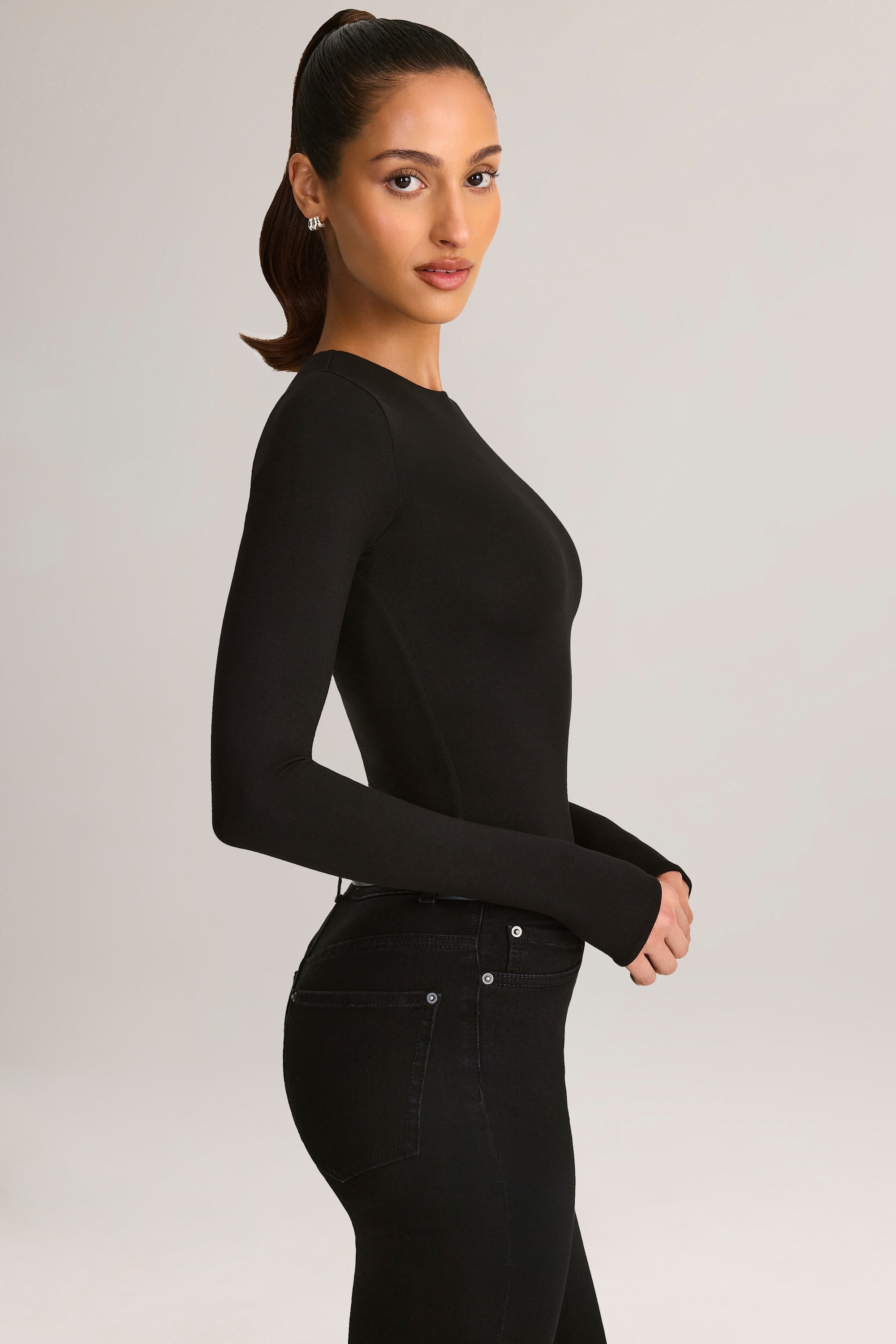 Modal Round-Neck Long-Sleeve Bodysuit in Black