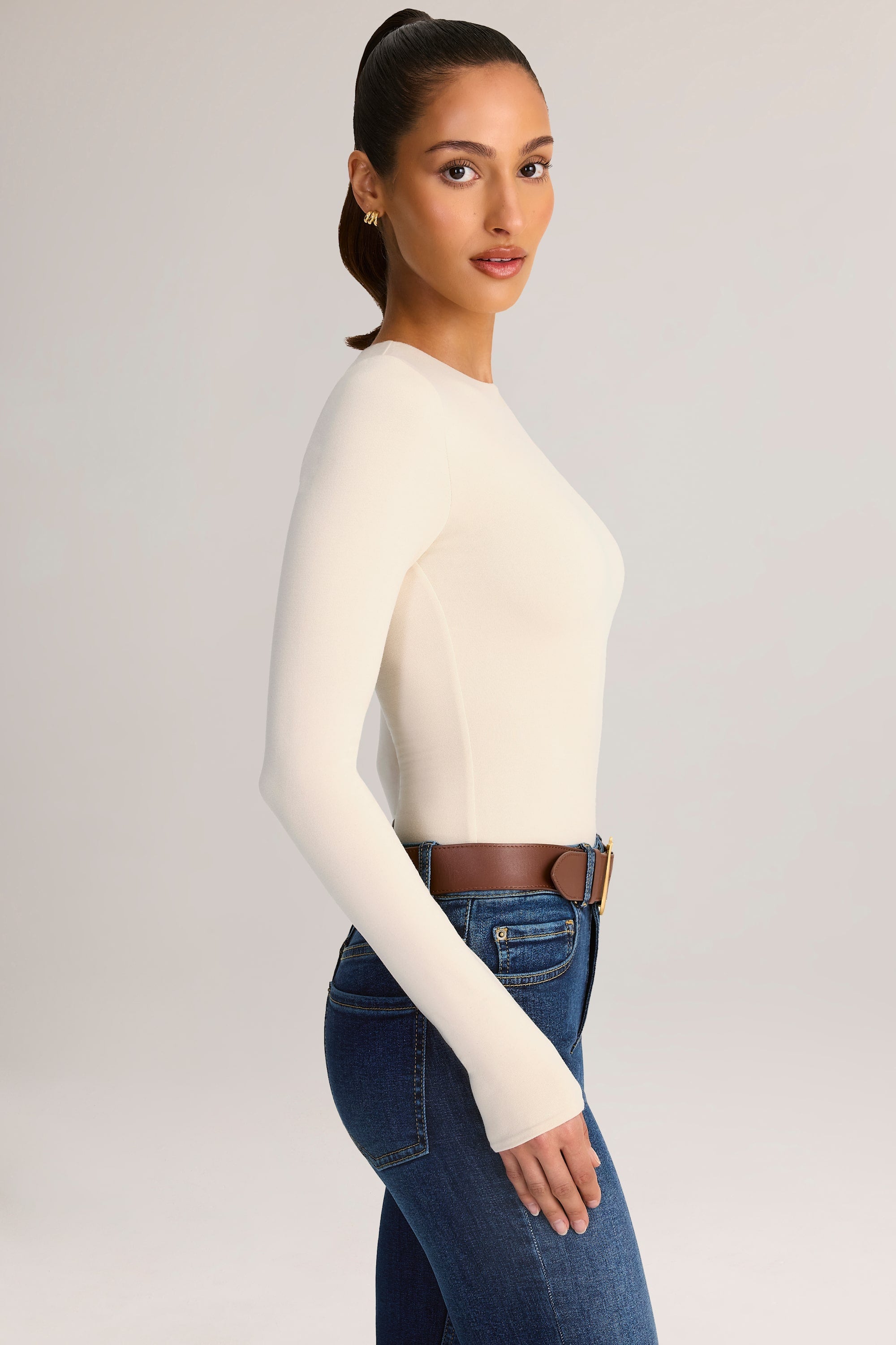 Modal Round-Neck Long-Sleeve Bodysuit in Cream