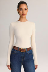 Modal Round-Neck Long-Sleeve Bodysuit in Cream