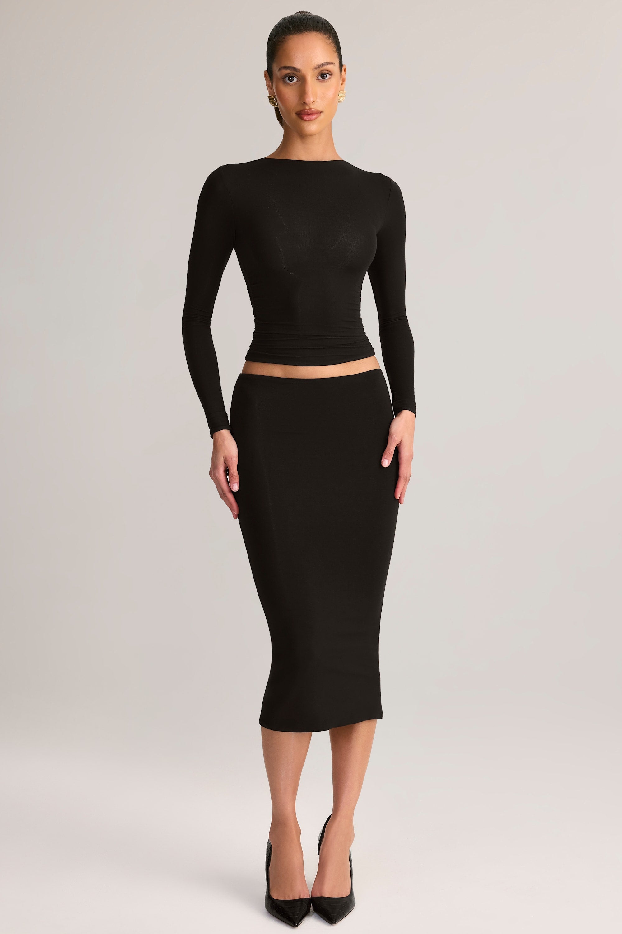 Modal Mid-Rise Pencil Midi Skirt in Black
