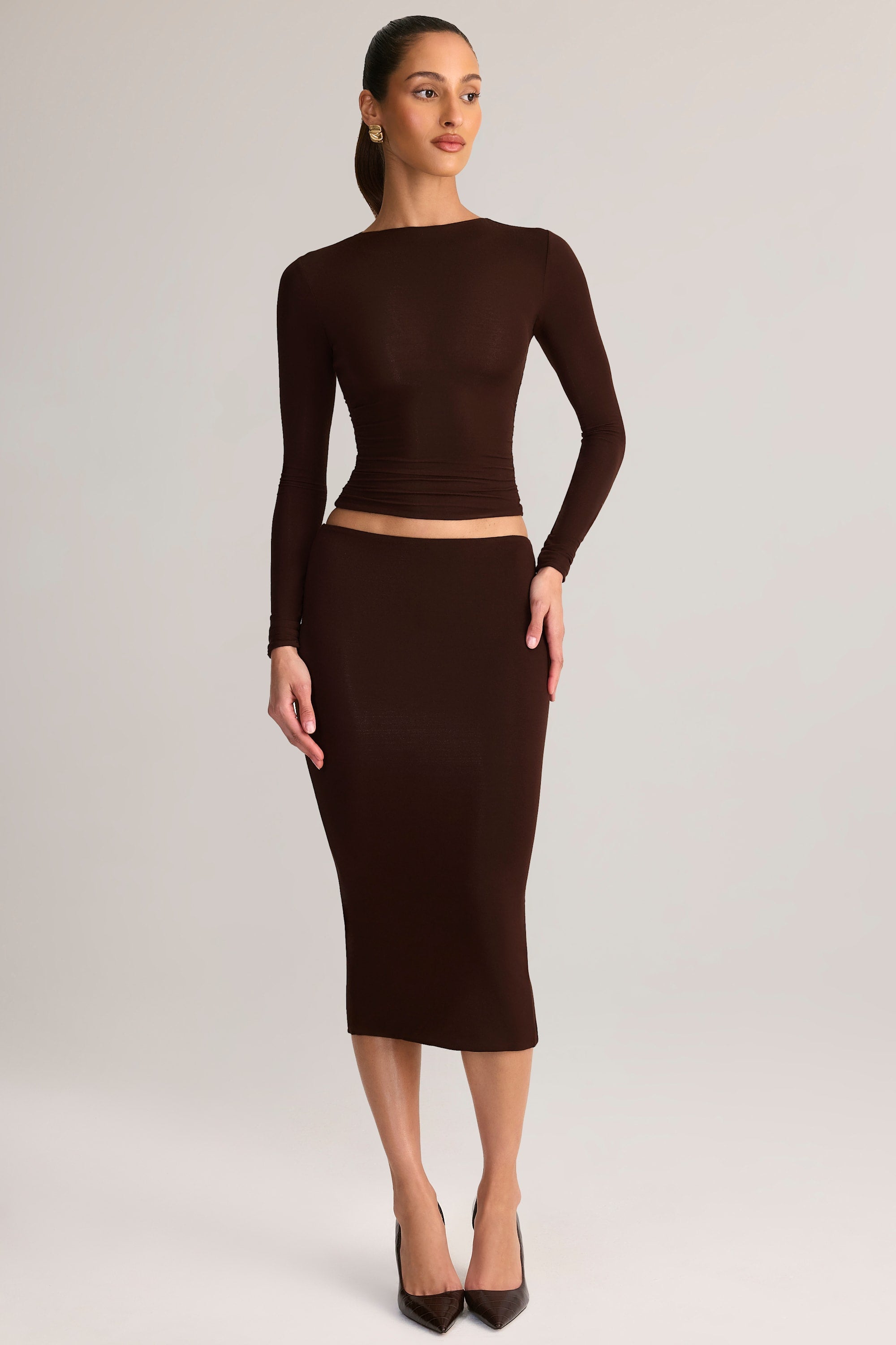 Modal Mid-Rise Pencil Midi Skirt in Chocolate Brown