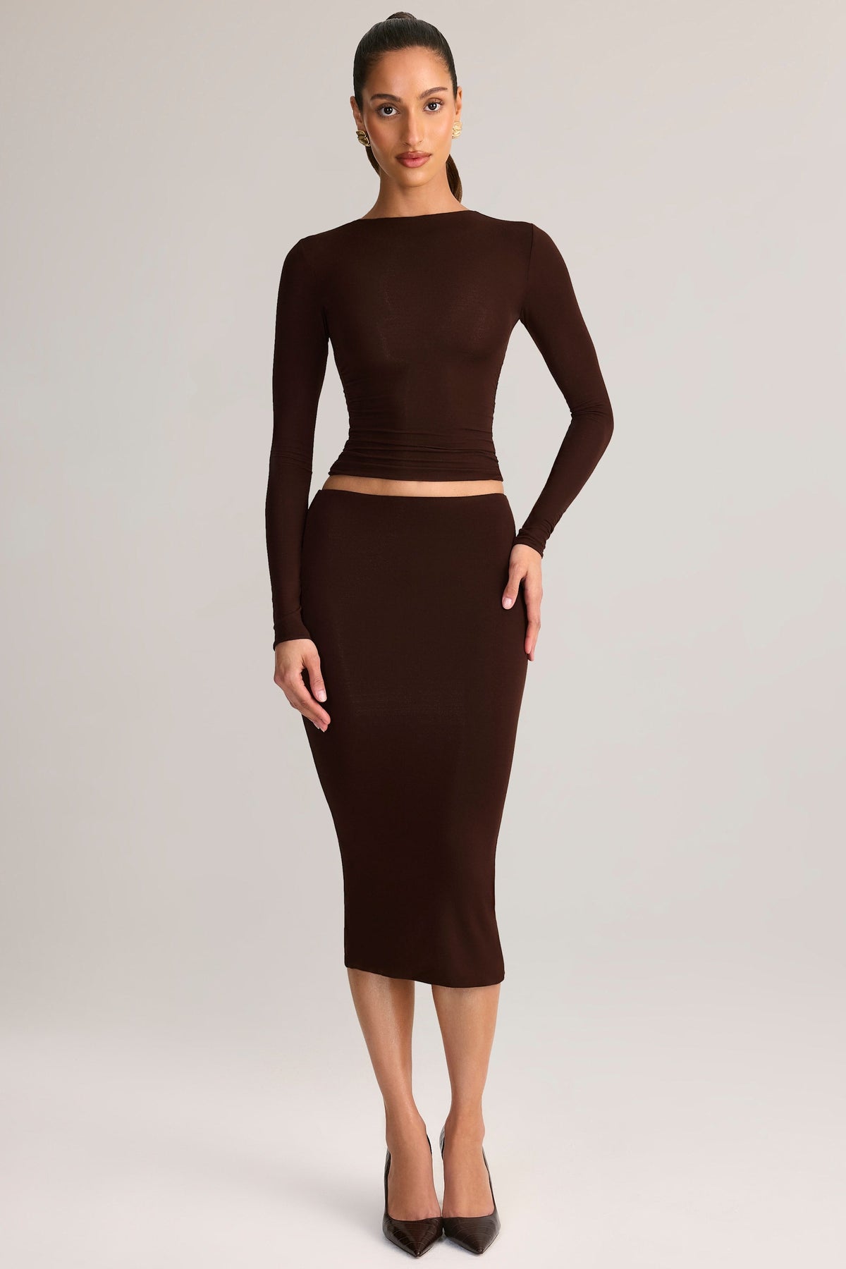 Modal Mid-Rise Pencil Midi Skirt in Chocolate Brown