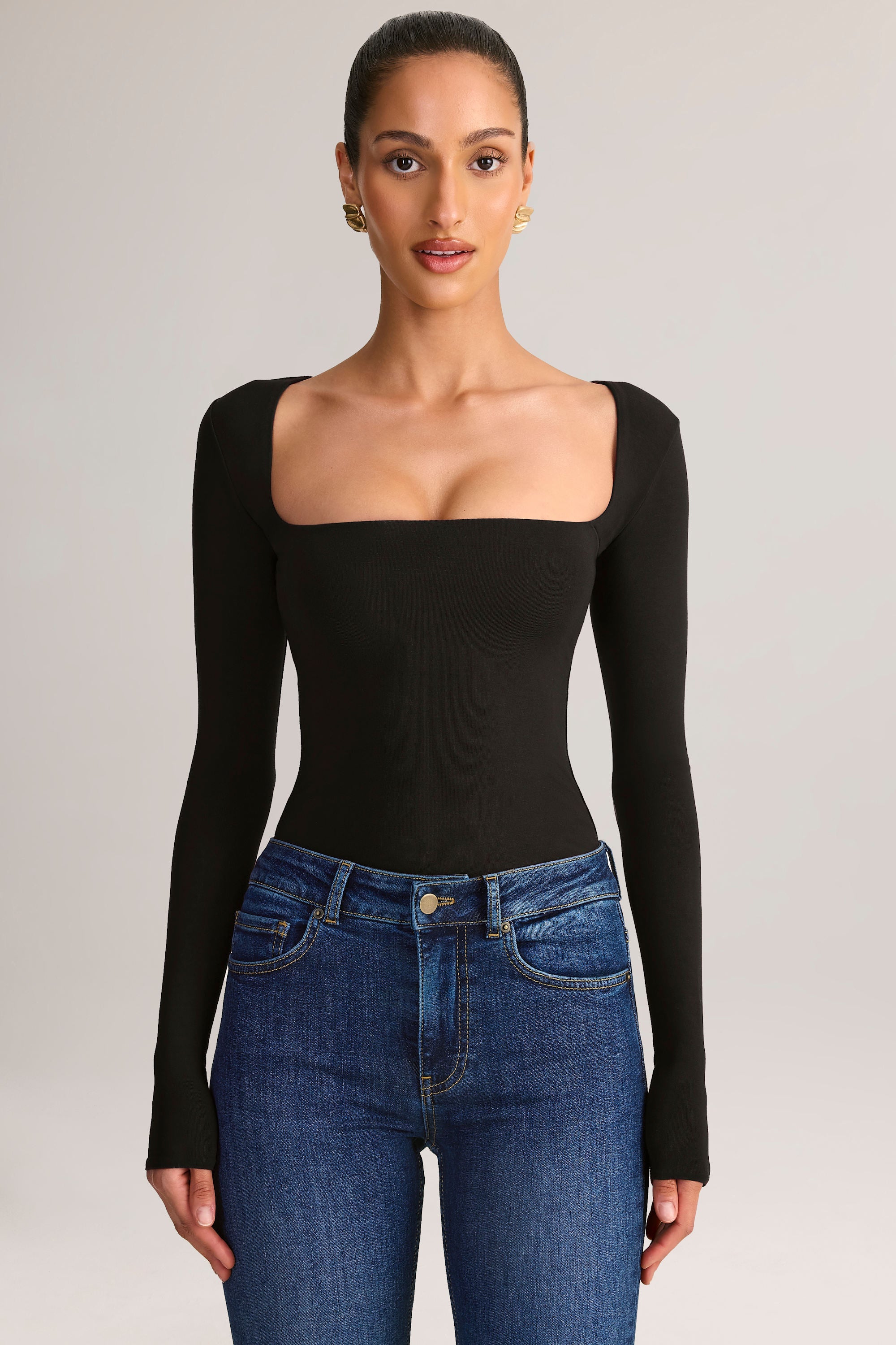 Modal Square-Neck Long-Sleeve Top in Black