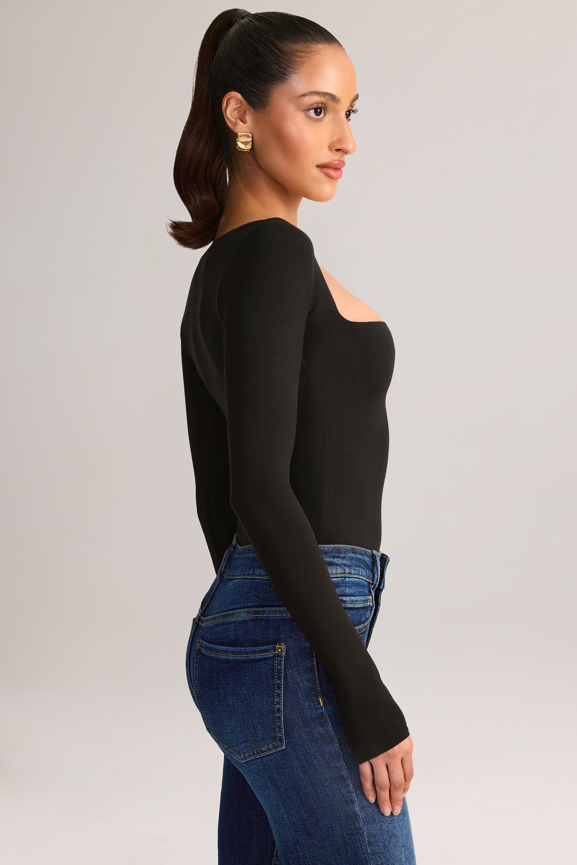 Modal Square-Neck Long-Sleeve Top in Black