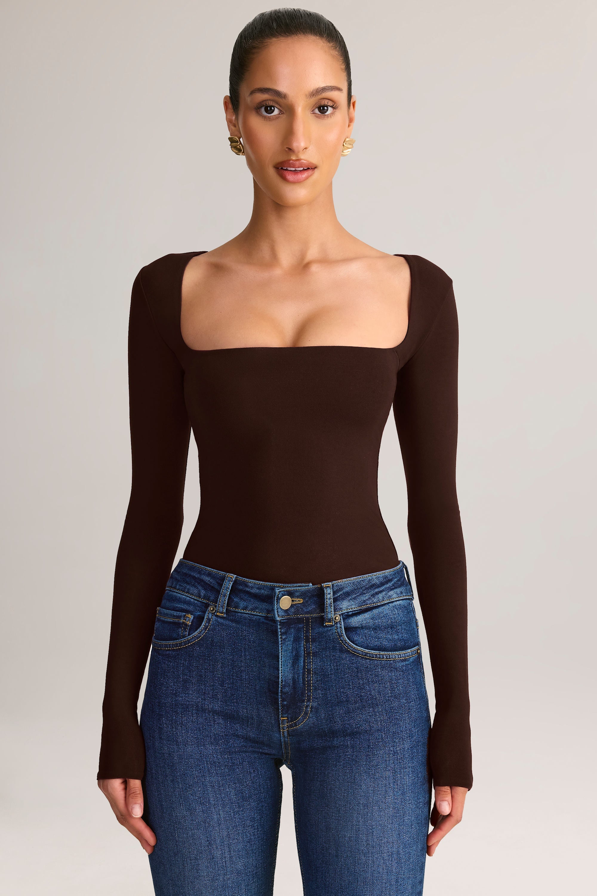 Modal Square-Neck Long-Sleeve Top in Chocolate Brown