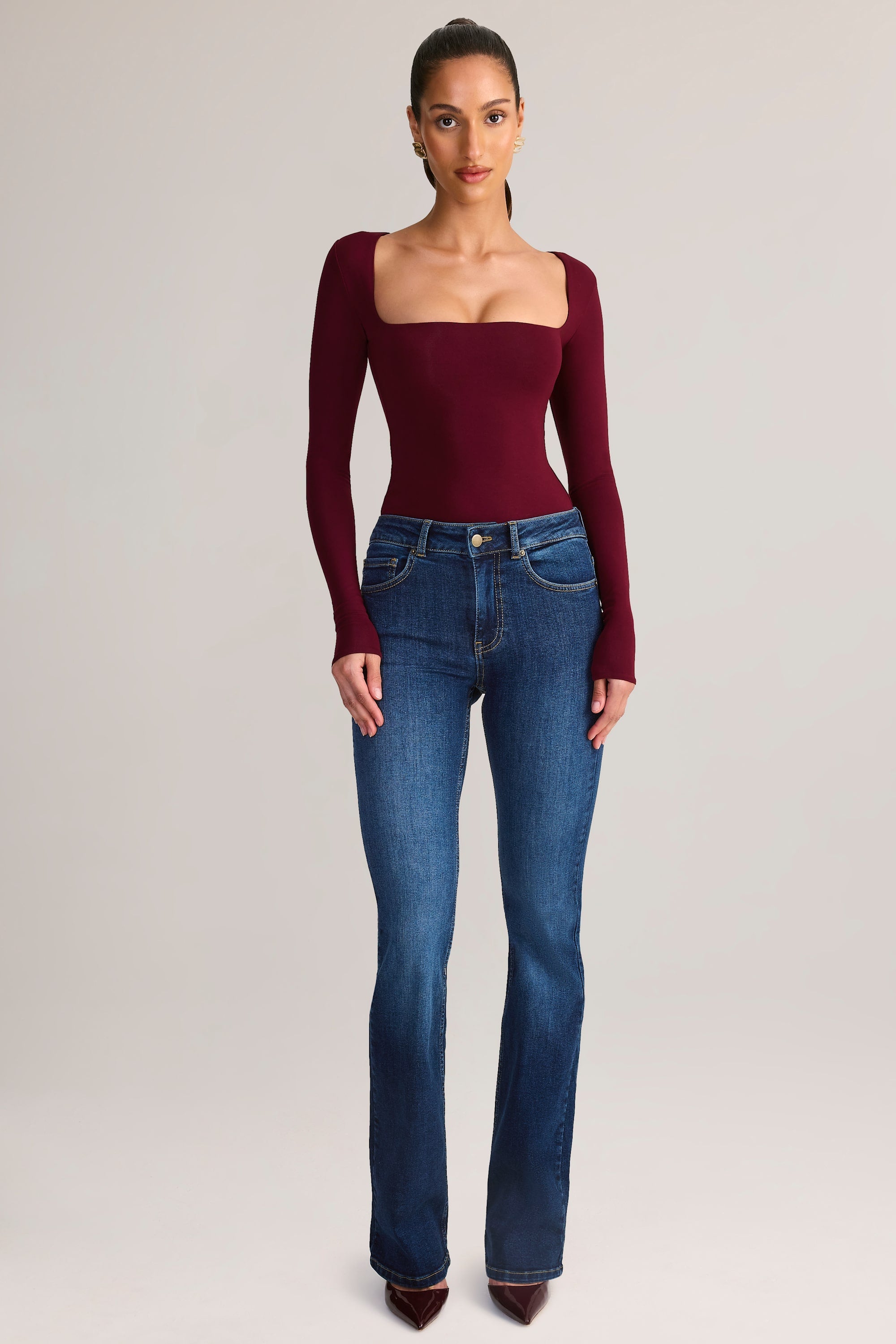 Modal Square-Neck Long-Sleeve Top in Wine