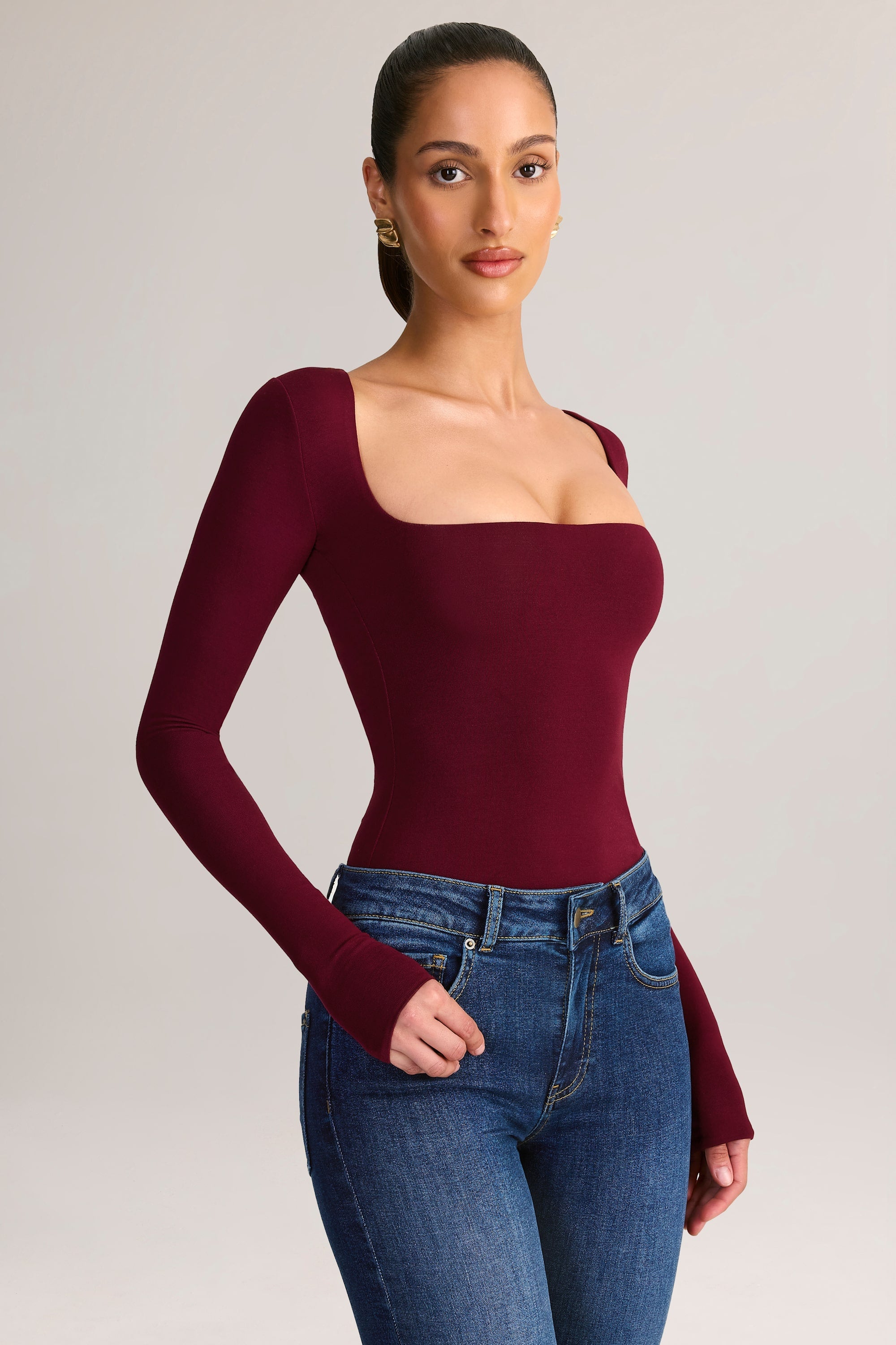 Modal Square-Neck Long-Sleeve Top in Wine