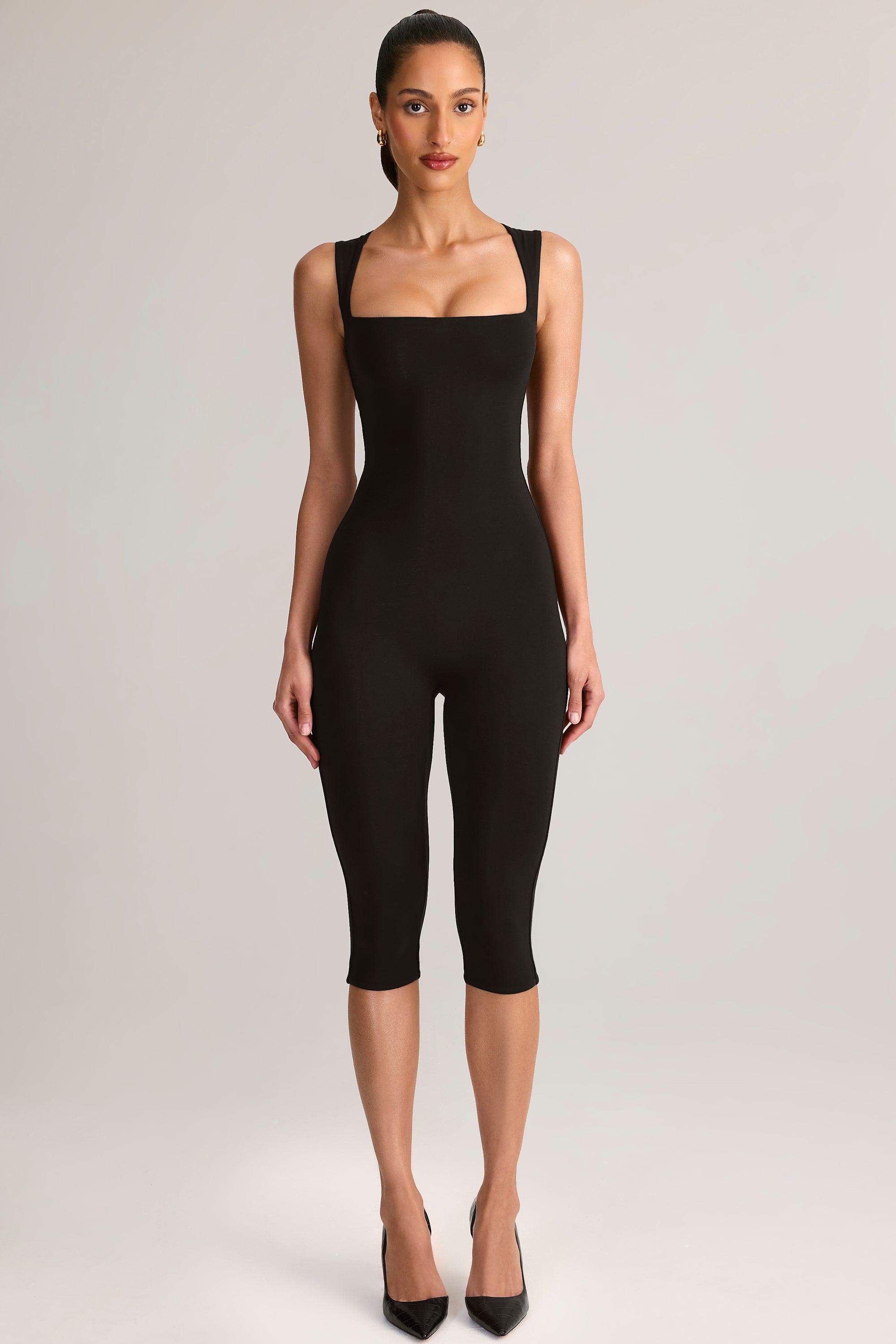 Modal Square-Neck Bodycon Capri Jumpsuit in Black