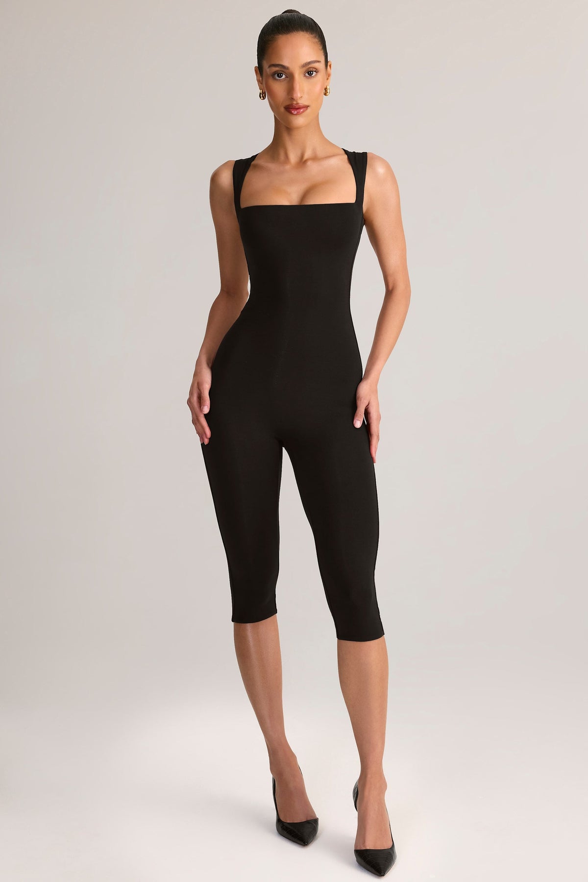 Modal Square-Neck Bodycon Capri Jumpsuit in Black